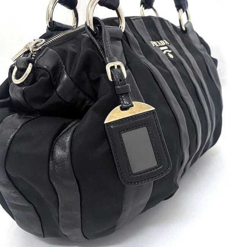 Prada Tote Bag Black Silver Leather Stripe Zipper Logo - Picture 8 of 10